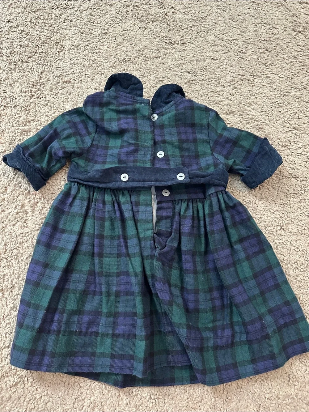 Baby Plaid Green & Navy Dress with sewn in corduroy Belt 12m